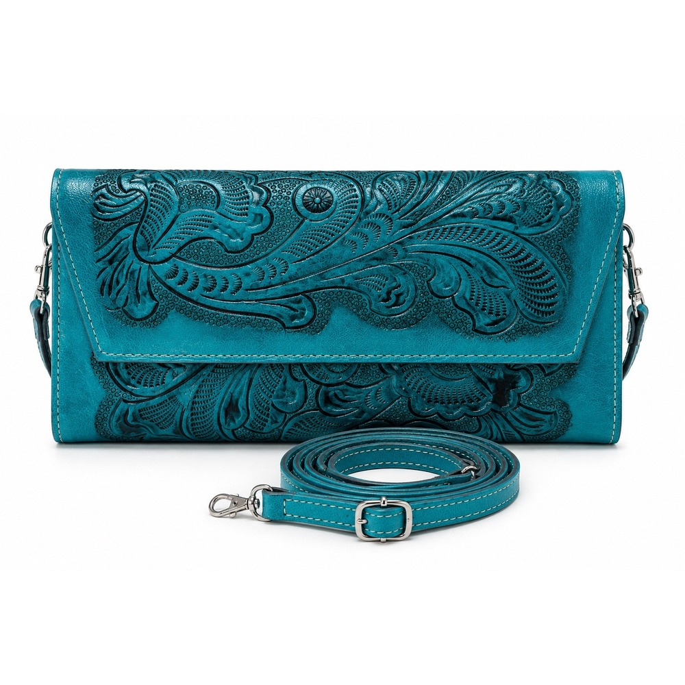 NEW Hand Tooled Leather Turquoise Crossbody Wallet Clutch Western Floral Rodeo